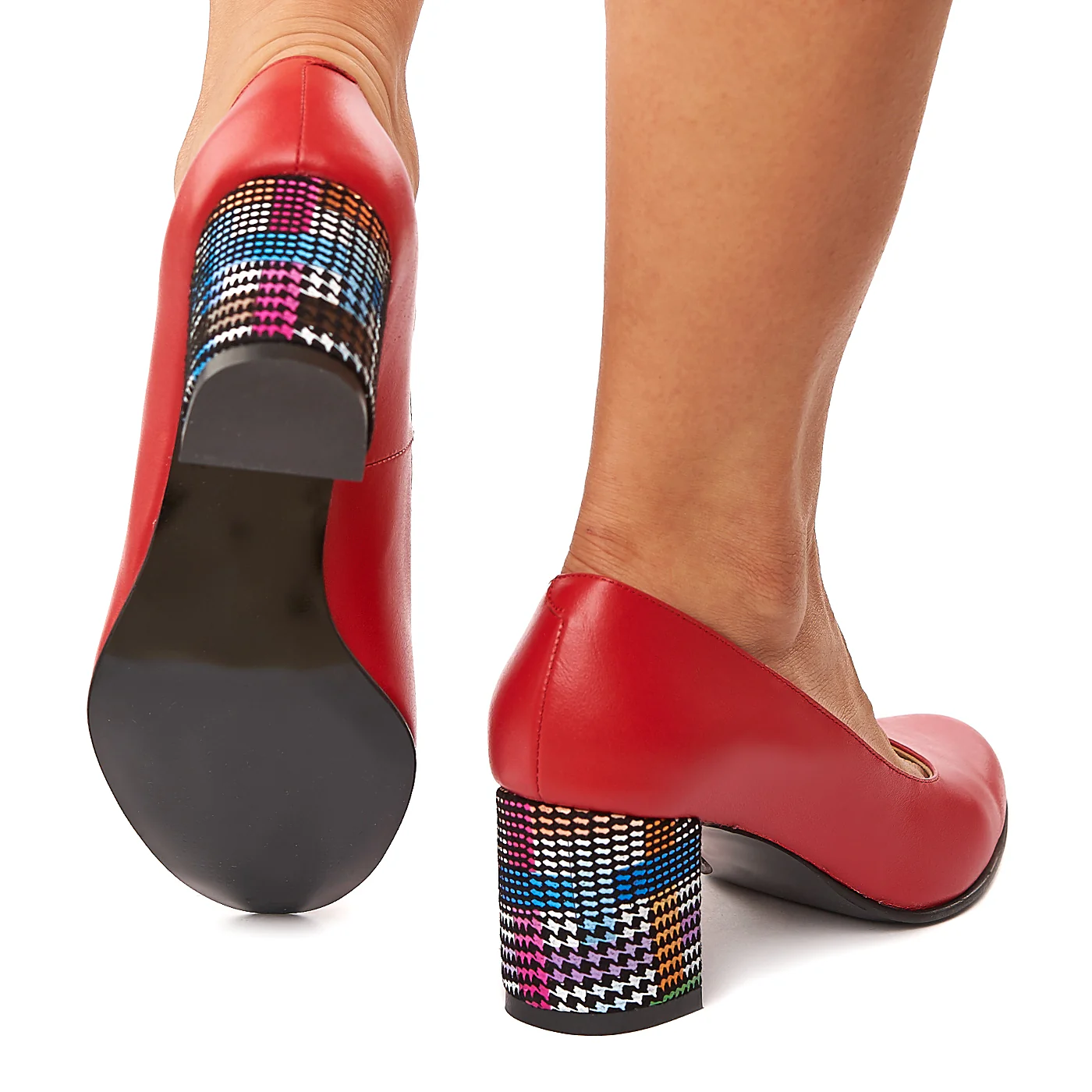 Pantofi dama din piele naturala rosie cu toc colorat 4185 - Image 4