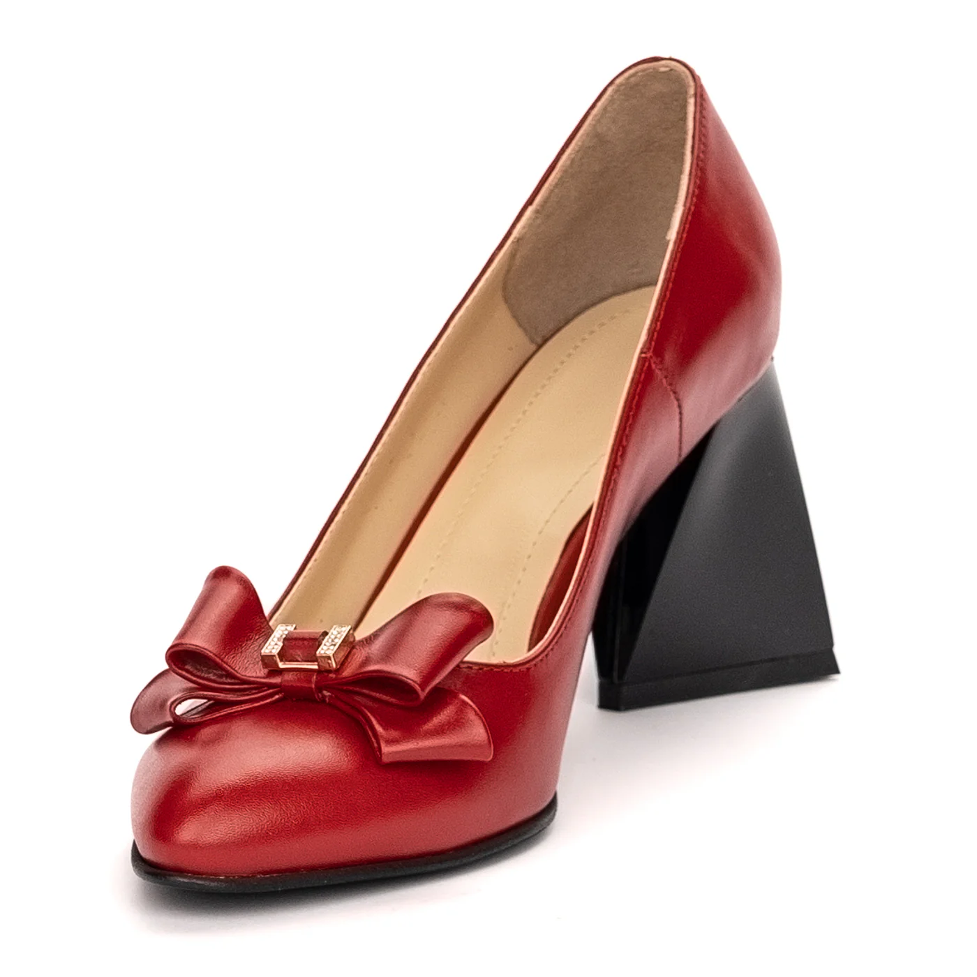 Pantofi dama din piele naturala rosie cu toc gros 13410 - Image 3