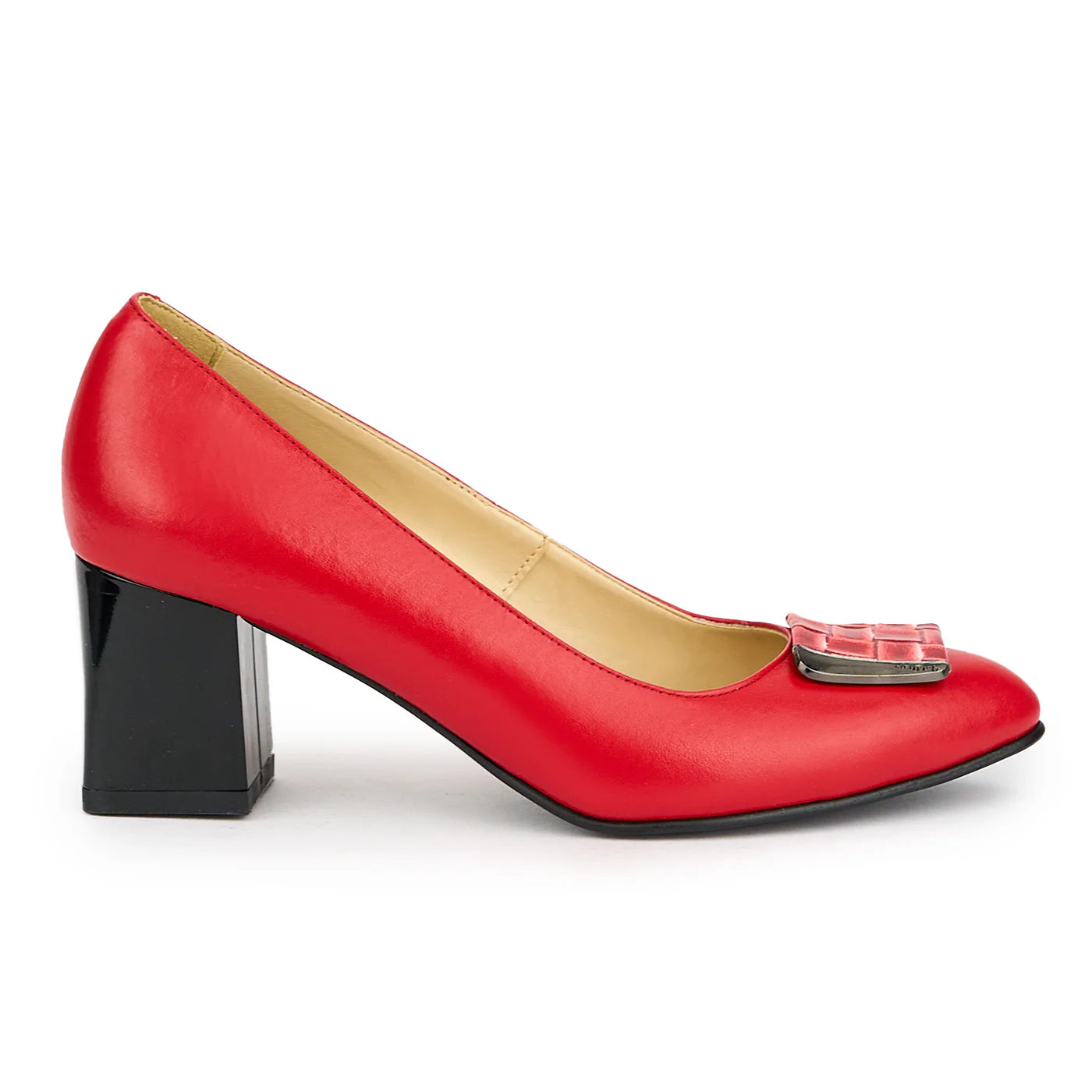 Pantofi dama din piele naturala rosie cu toc gros 7 cm 15025