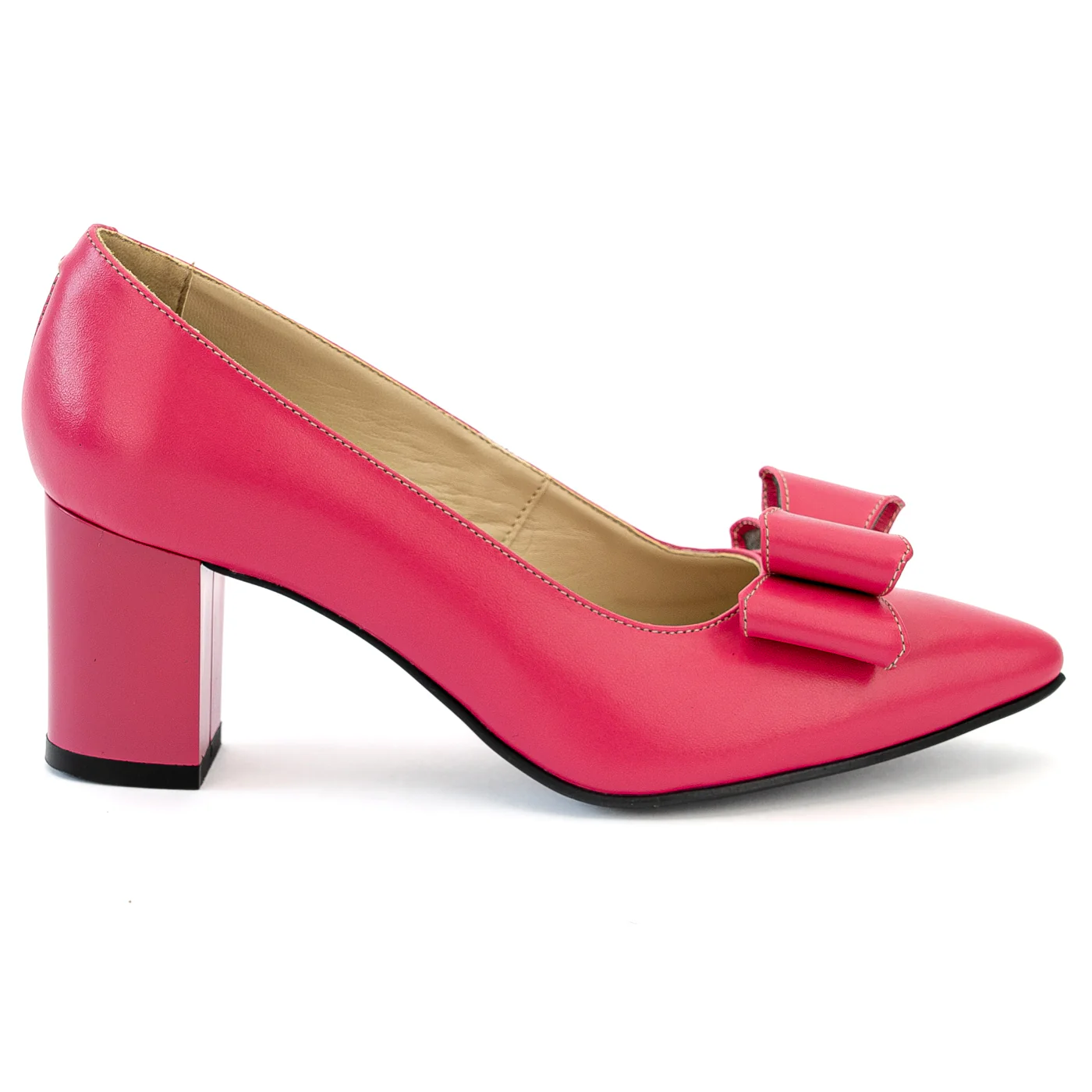 Pantofi dama din piele naturala roz cu toc gros 13994