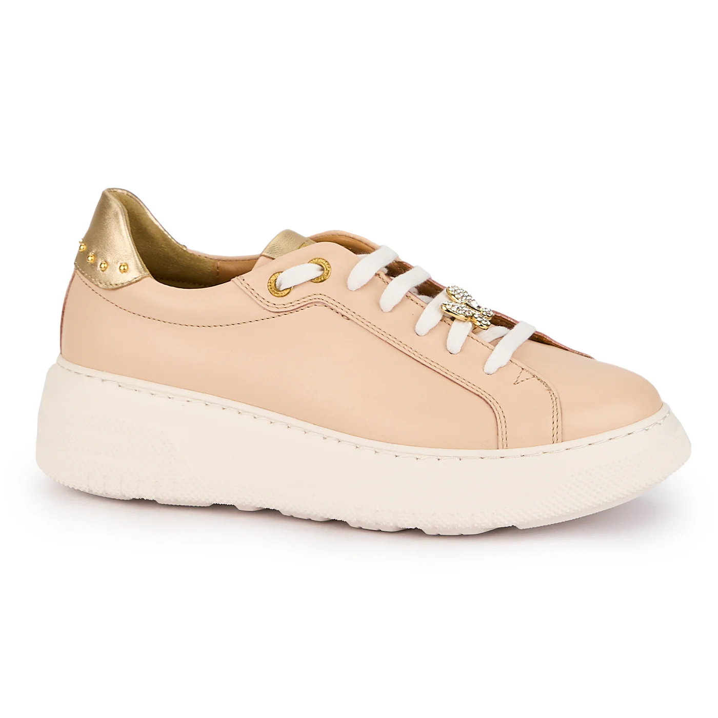 Pantofi dama din piele naturala roz-nude cu accesoriu metalic 16087