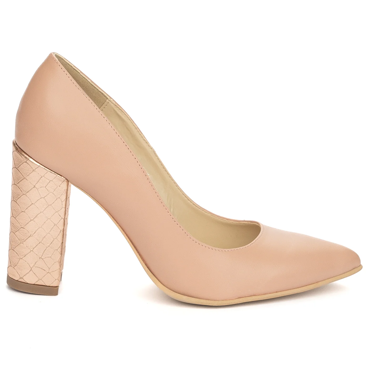 Pantofi dama din piele naturala roz - nude cu toc gros 9.5 cm 13903