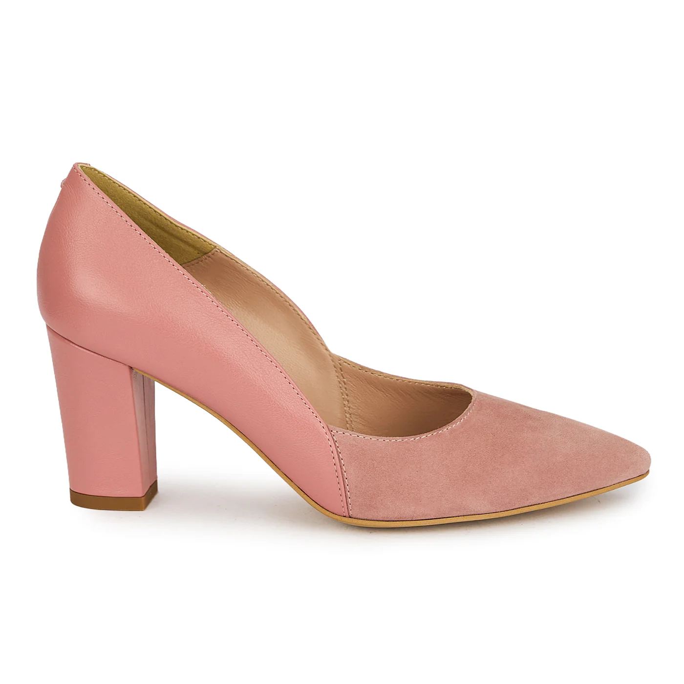Pantofi dama din piele naturala roz pudra cu toc gros 7.5 cm 19811