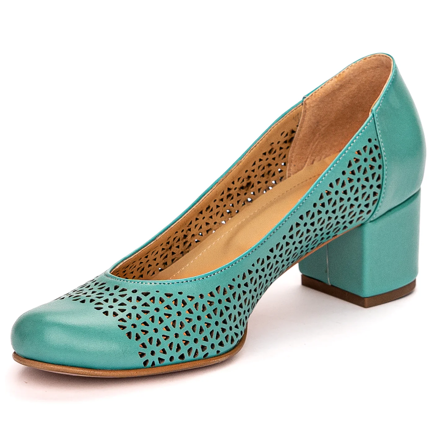 Pantofi dama din piele naturala turcoaz cu toc gros 5 cm 13651 - Image 3