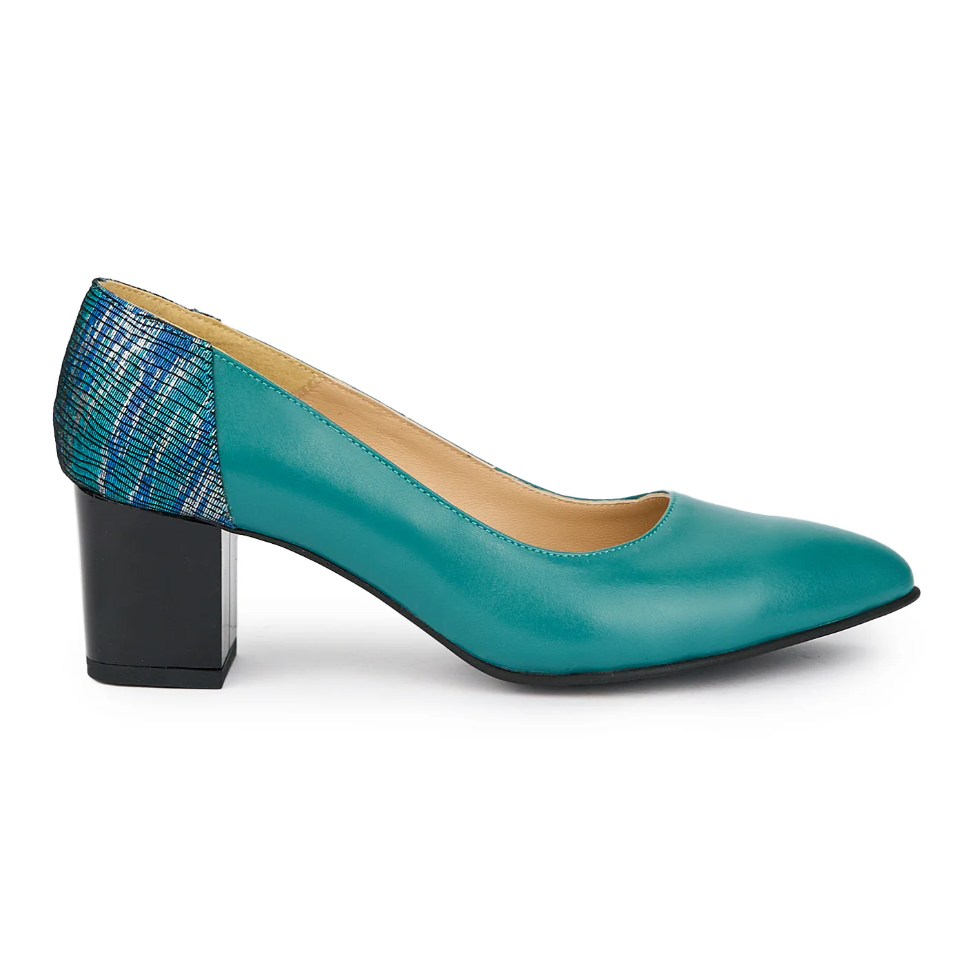 Pantofi dama din piele naturala turcoaz cu toc gros 6 cm 15263