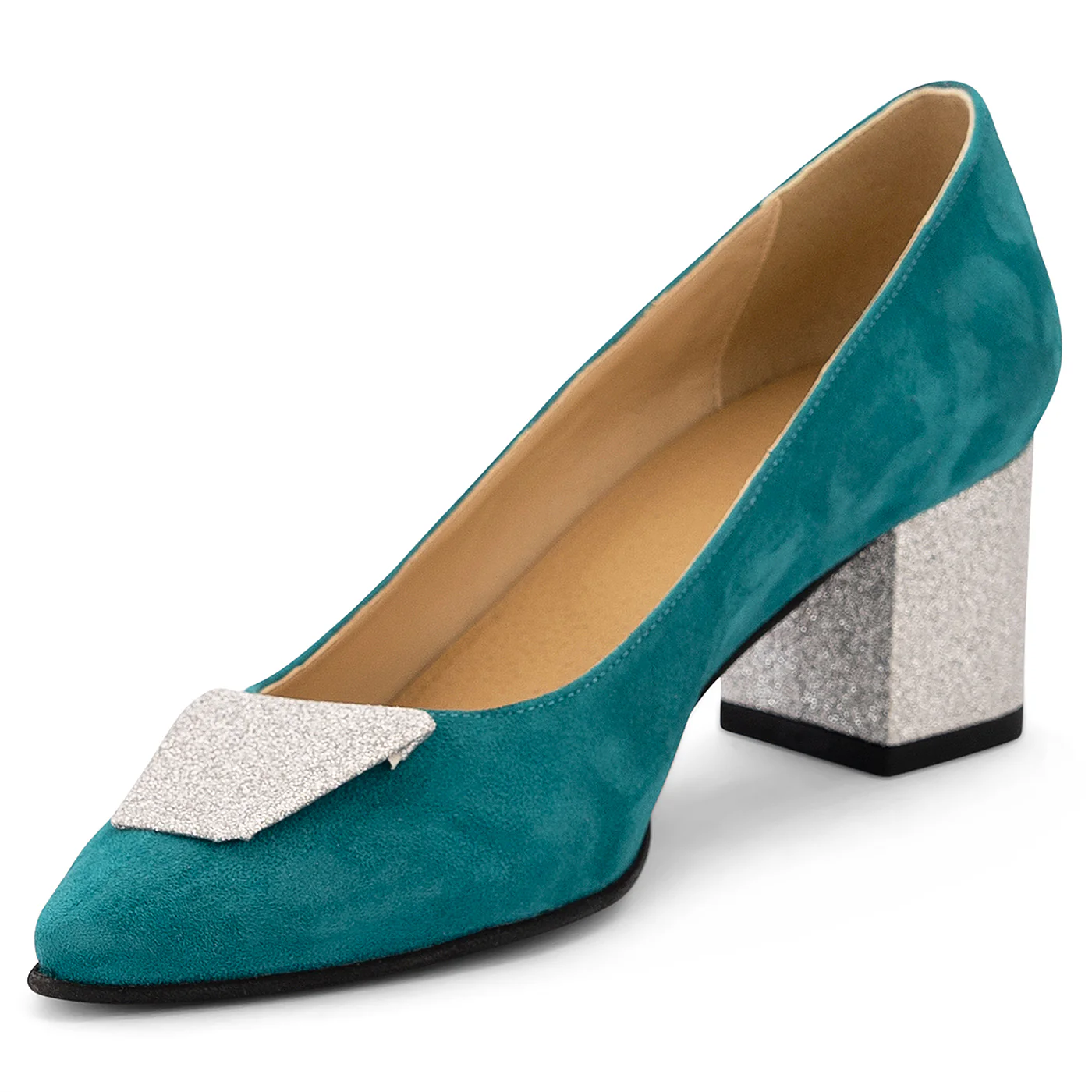 Pantofi dama din piele naturala turcoaz cu toc gros de 6 cm 14121 - Image 3