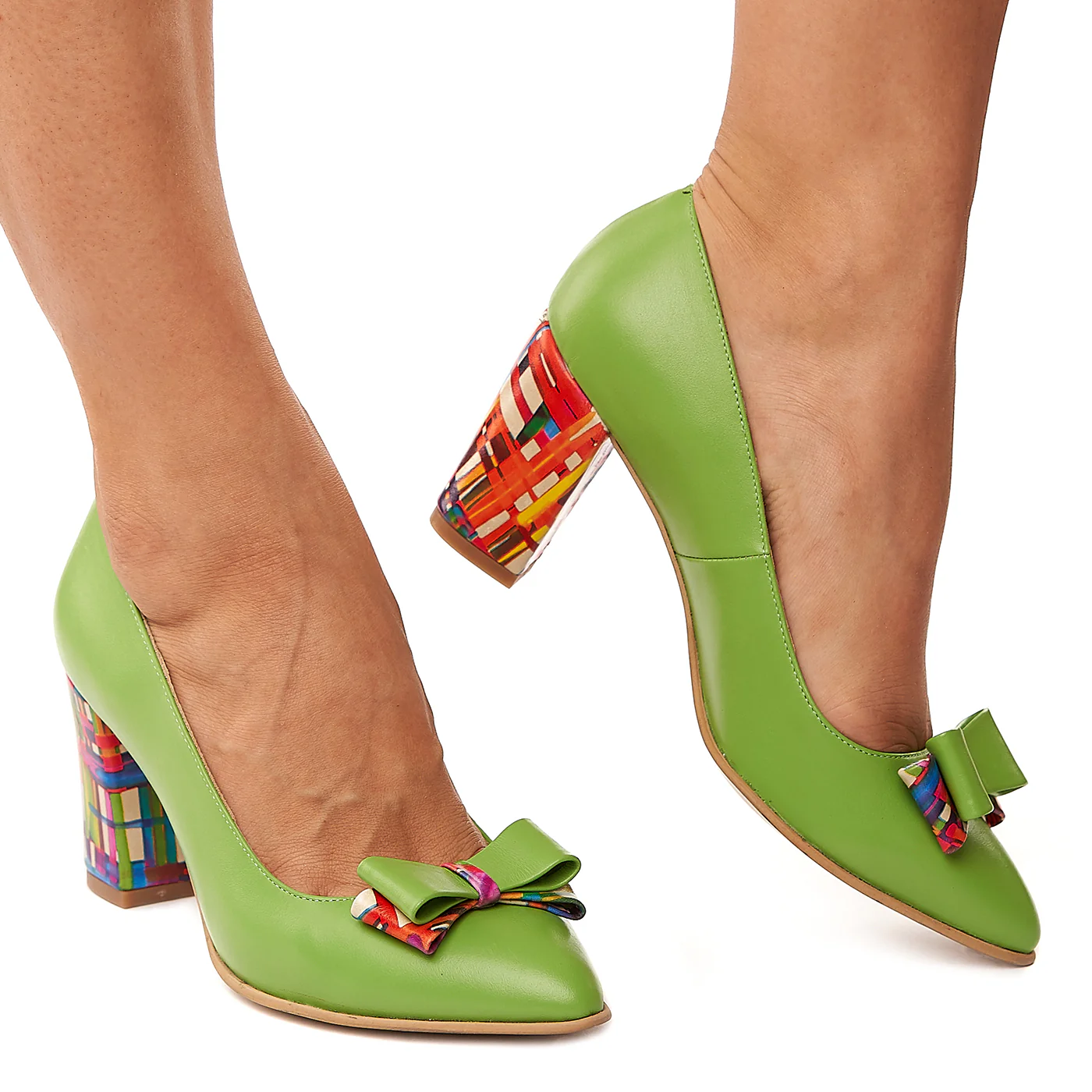 Pantofi dama din piele naturala verde cu toc colorat 4188 - Image 2