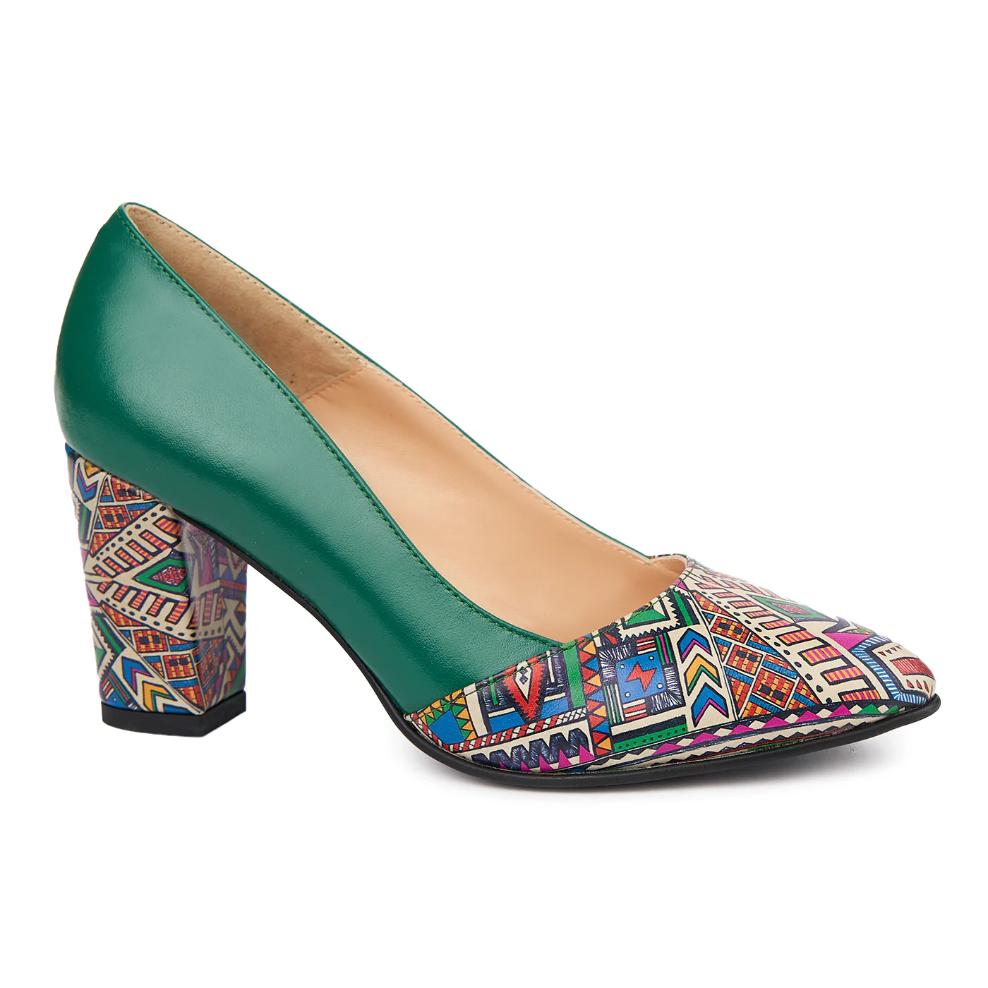 Pantofi dama din piele naturala verde cu toc colorat 4278