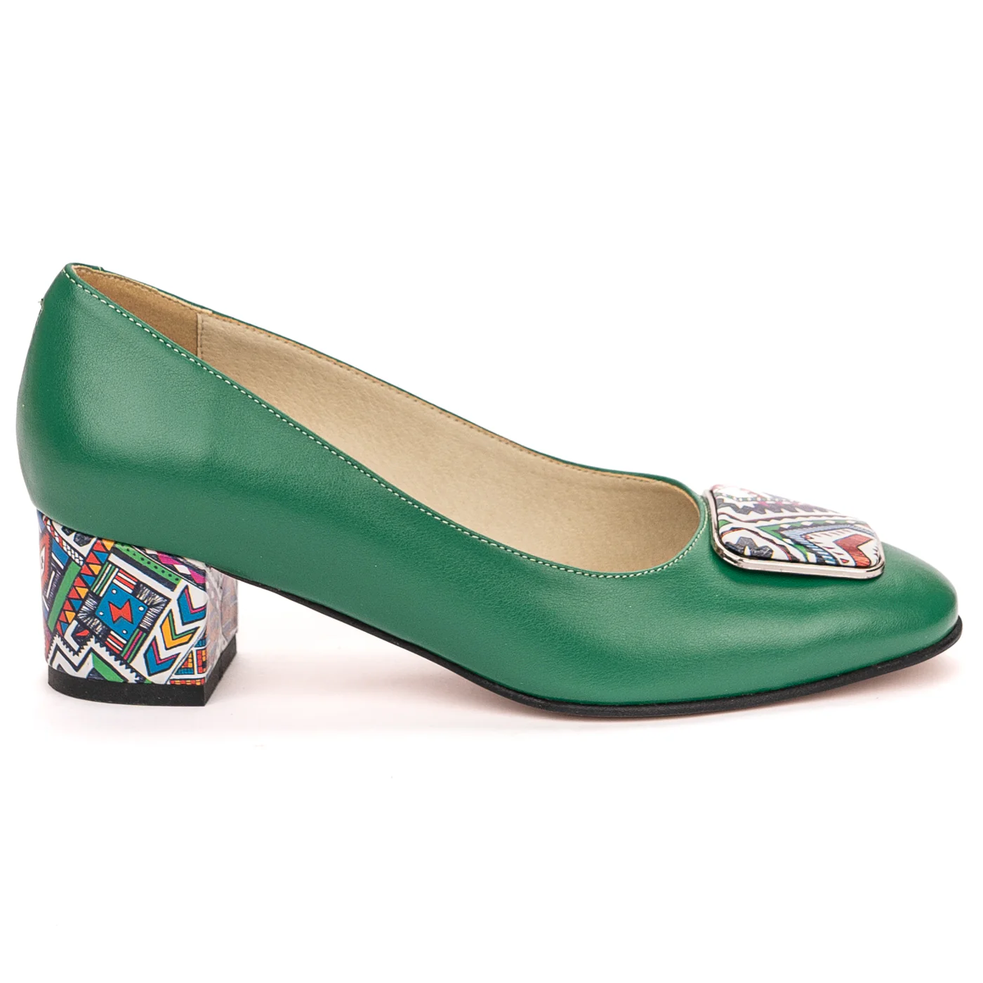 Pantofi dama din piele naturala verde cu toc gros 13580