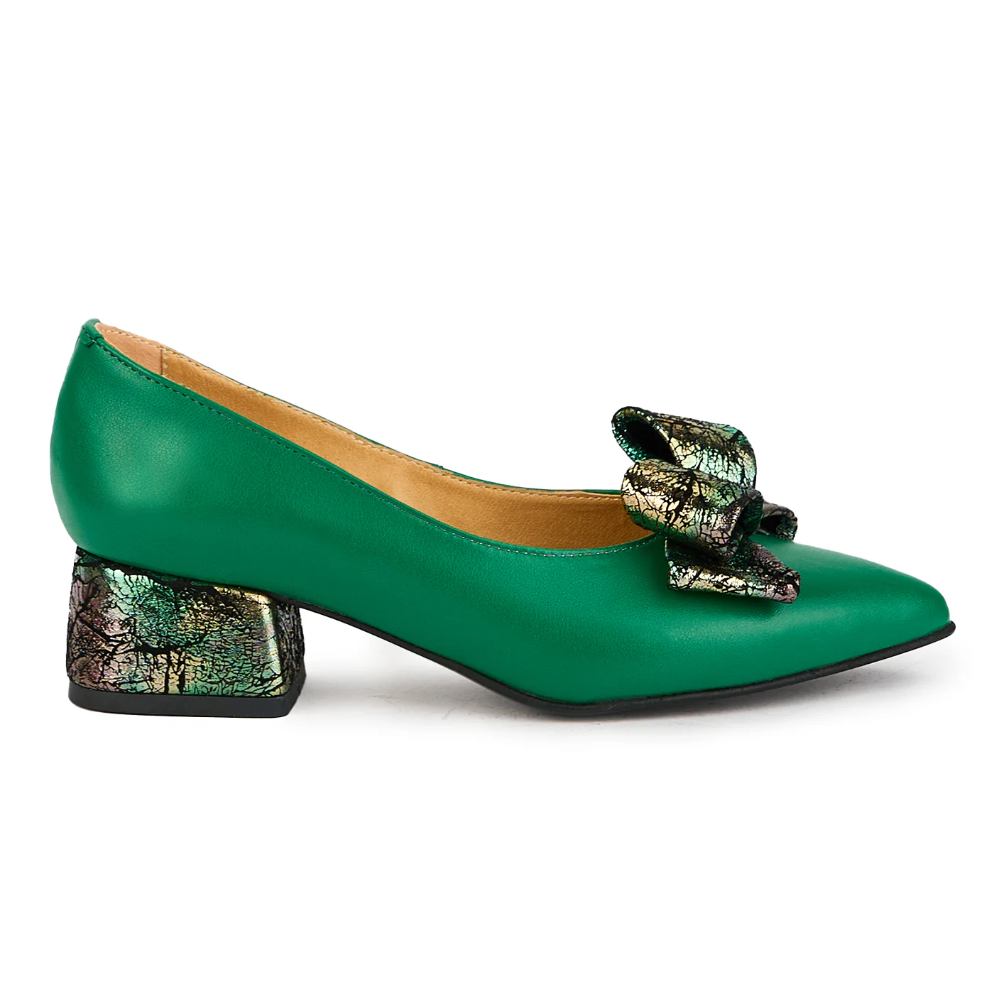Pantofi dama din piele naturala verde cu toc gros 4 cm 17391