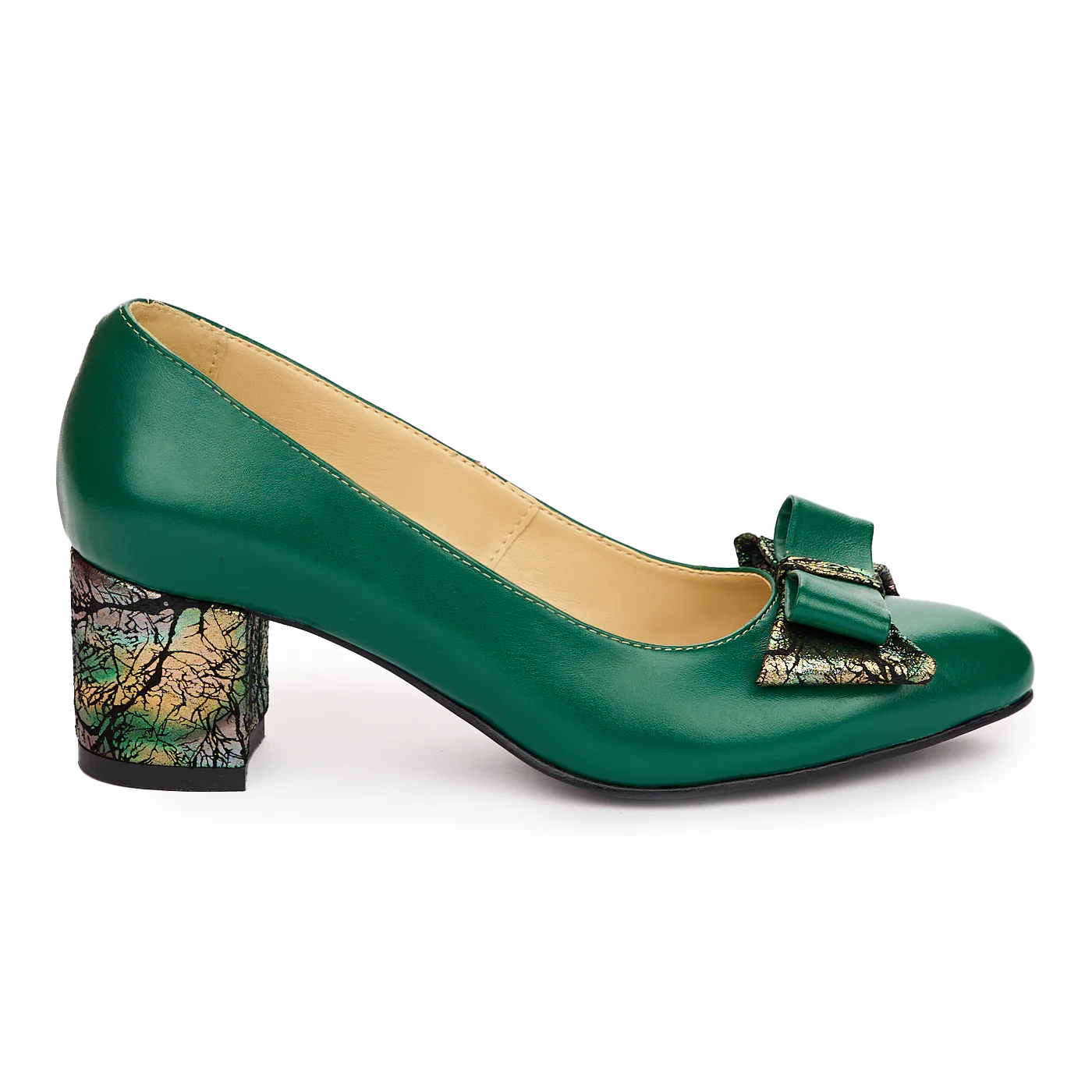 Pantofi dama din piele naturala verde cu toc gros 6 cm 13802