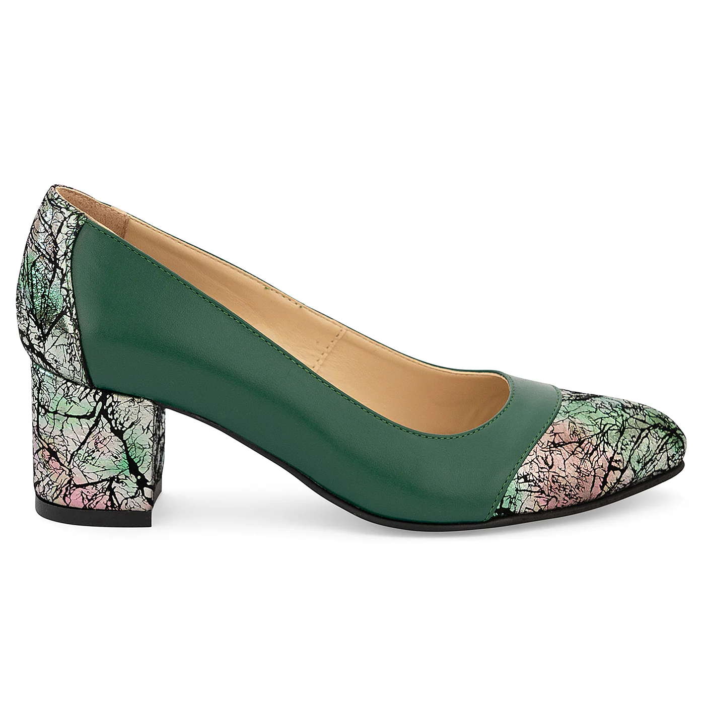Pantofi dama din piele naturala verde cu toc gros 6 cm 14196