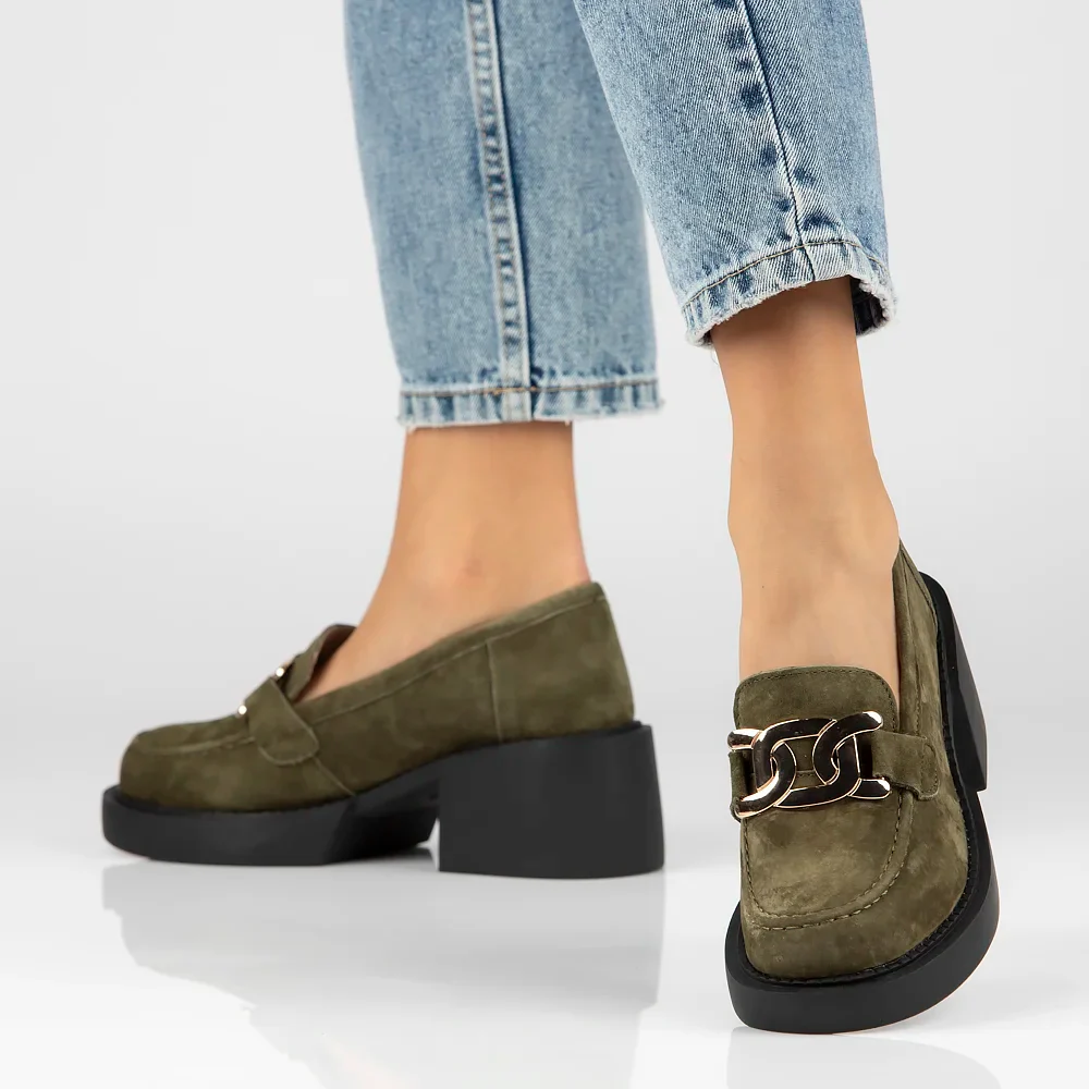 Pantofi dama din piele naturala verde - kaki cu toc gros 7 cm 14128 - Image 2