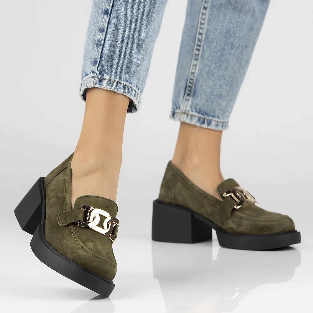 Pantofi dama din piele naturala verde - kaki cu toc gros 7 cm 14128 - Image 7