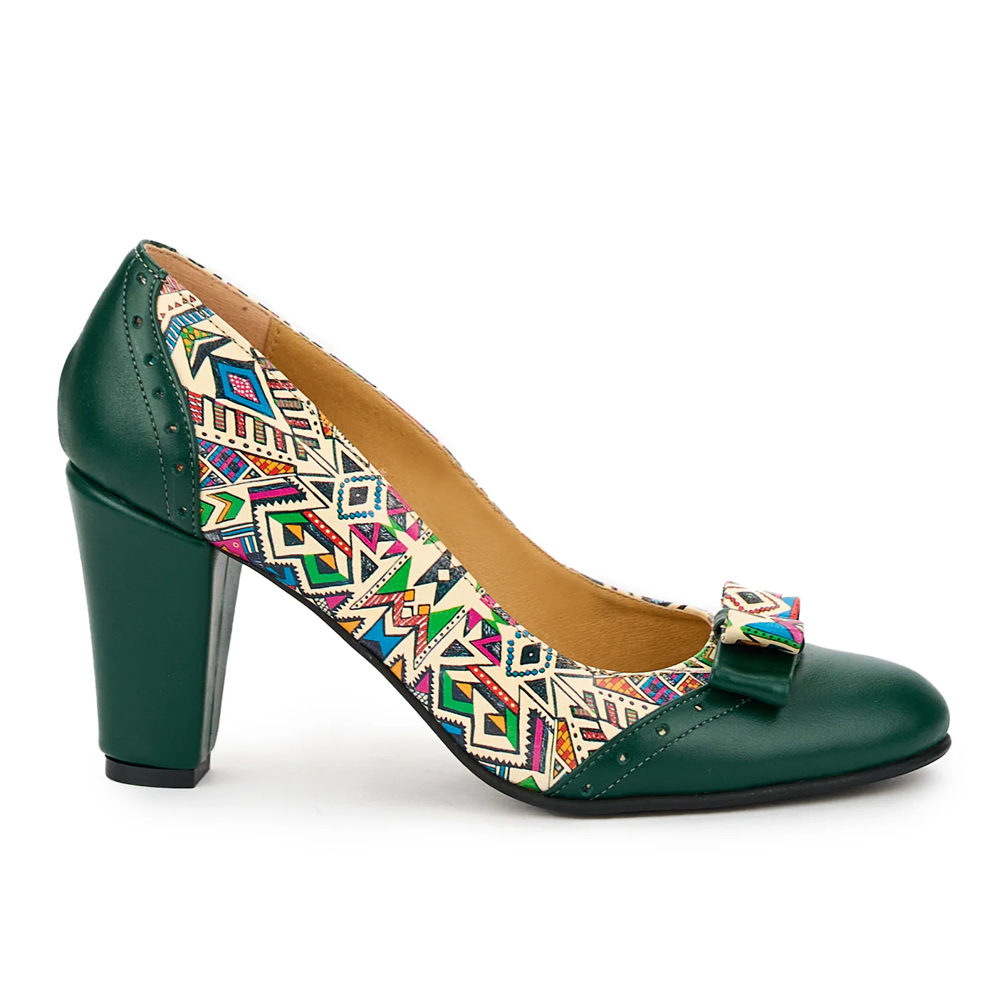 Pantofi dama din piele naturala verde - multicolor cu toc gros 8 cm 14864