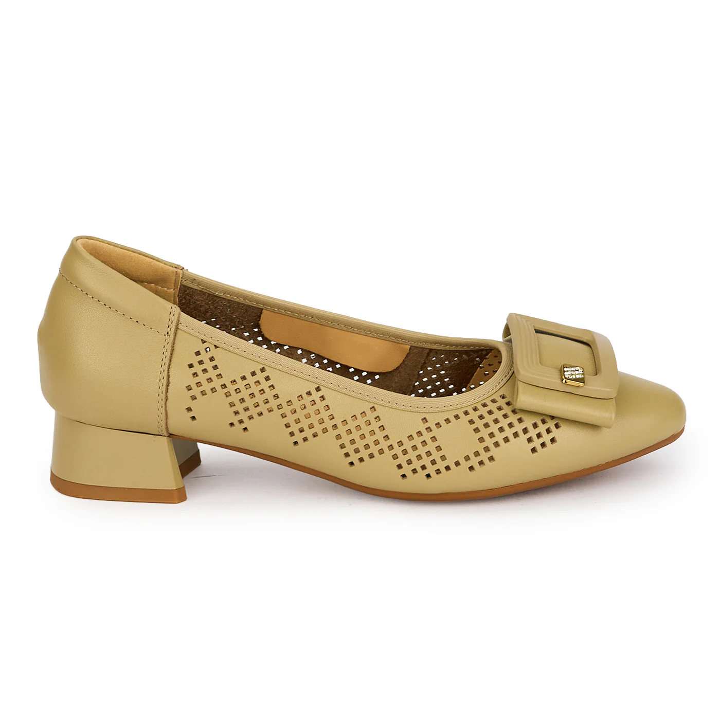Pantofi dama din piele naturala verde perforata cu toc mic 3 cm 19593