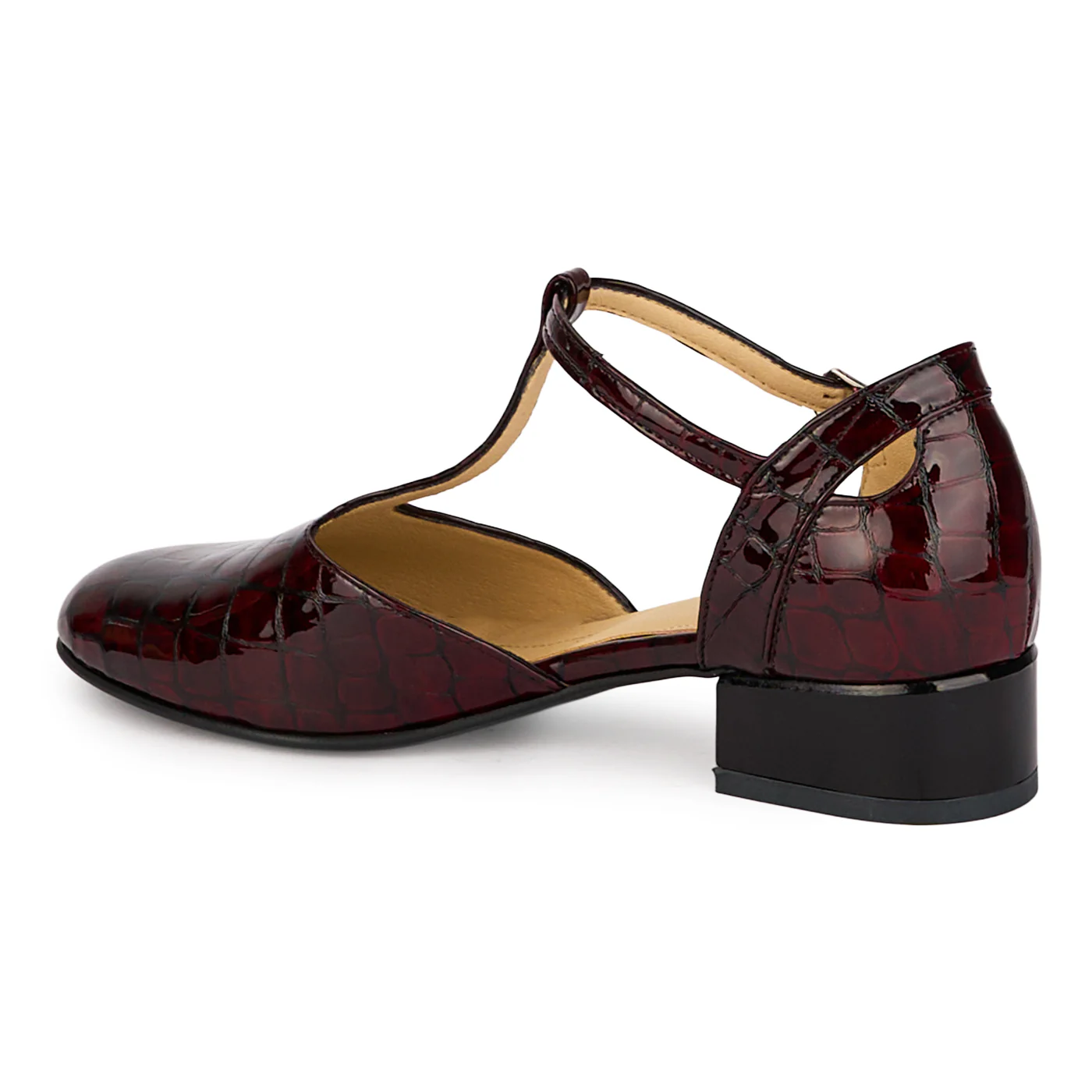 Pantofi dama din piele naturala visinie decupati lateral cu toc gros 3 cm 18502 - Image 2