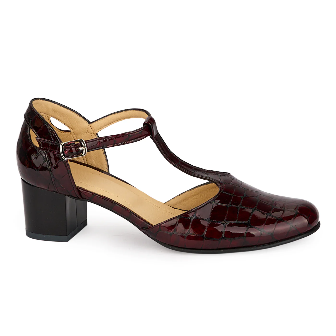 Pantofi dama din piele naturala visinie decupati lateral cu toc gros 4.5 cm 18503