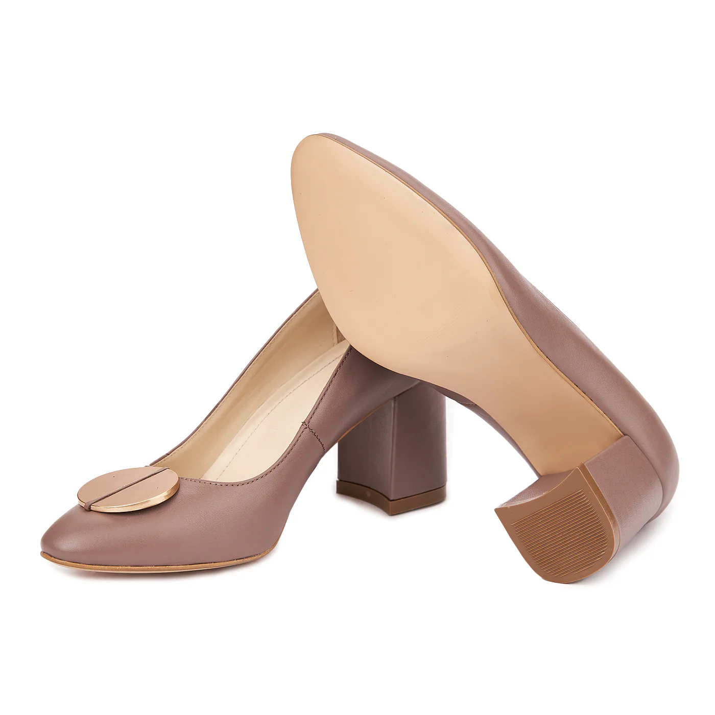 Pantofi dama toc gros din piele naturala bej 4613 - Image 3