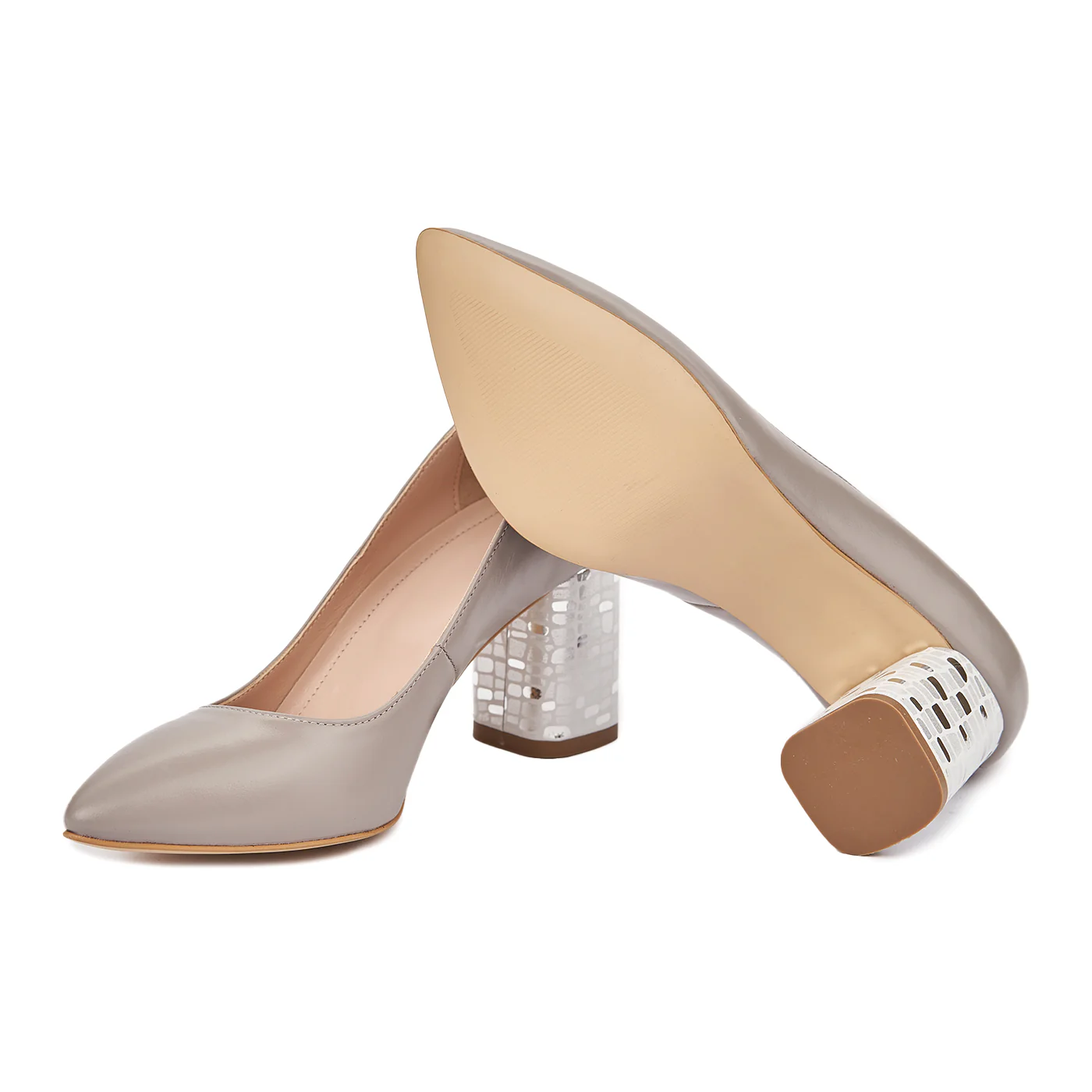 Pantofi dama toc gros din piele naturala gri 4809 - Image 3