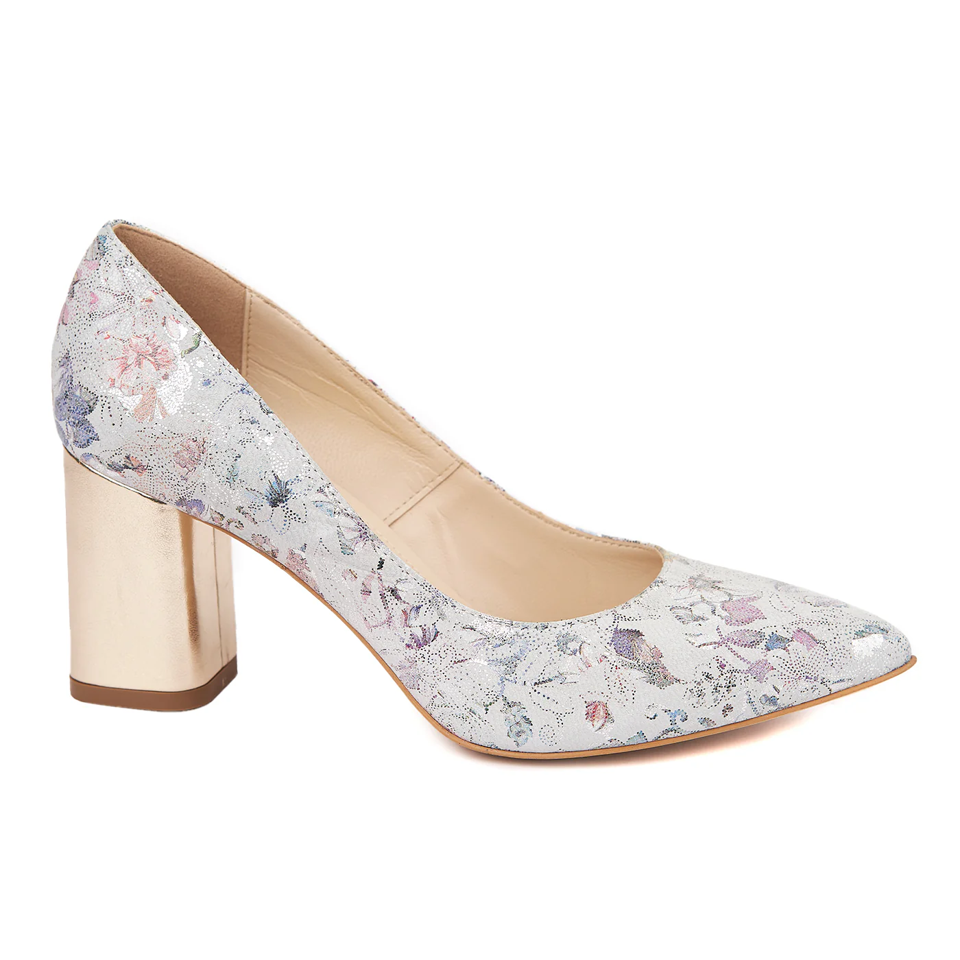 Pantofi dama toc gros din piele naturala cu model floral 4600