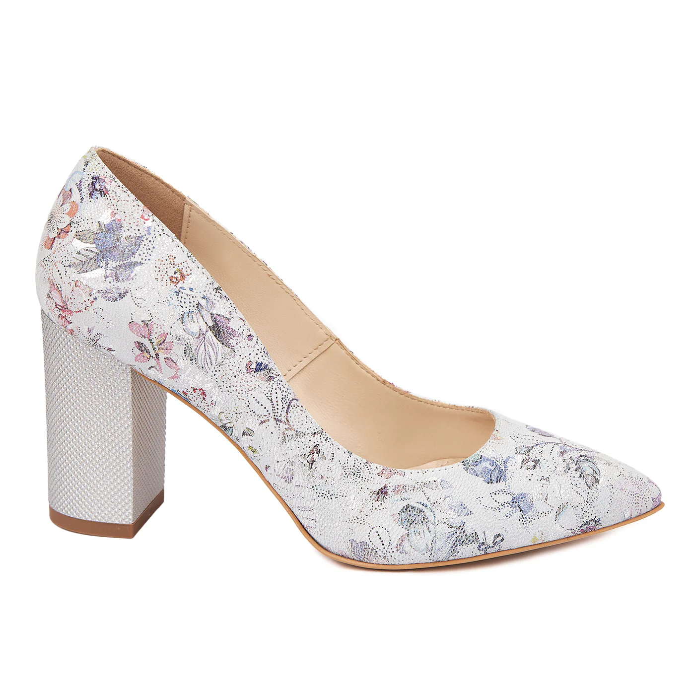 Pantofi dama toc gros din piele naturala cu model floral 4601