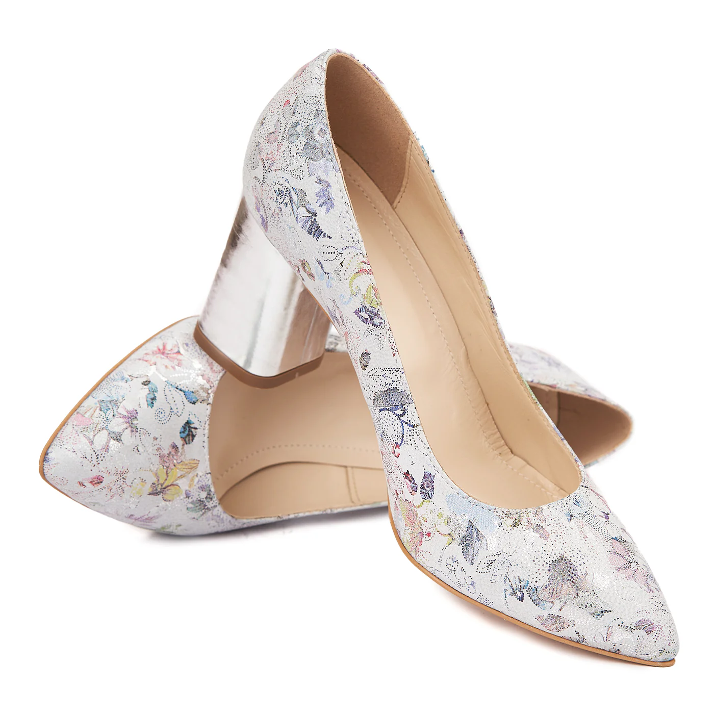 Pantofi dama toc gros din piele naturala cu model floral 4602 - Image 4