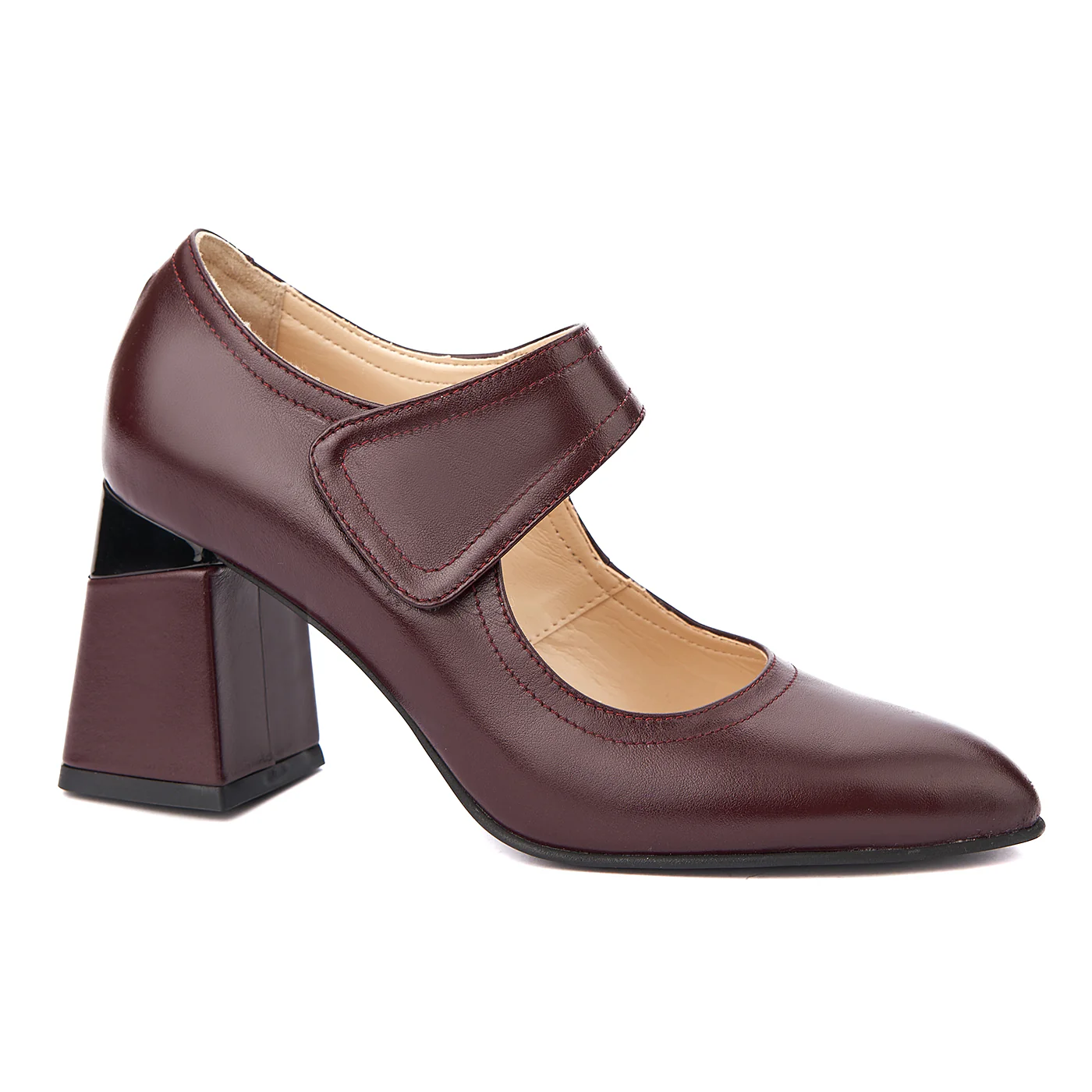 Pantofi dama toc gros din piele naturala visinie 4345