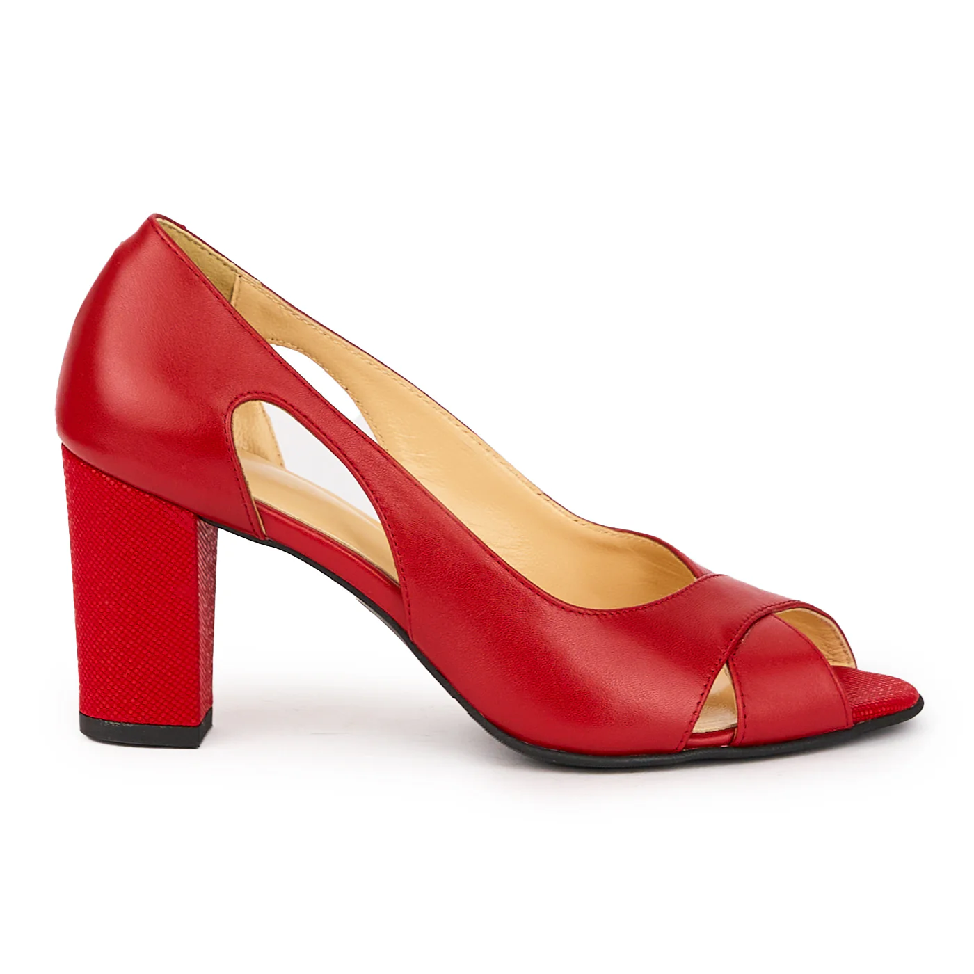 Pantofi decupati dama din piele naturala rosie cu toc gros 7 cm 15924