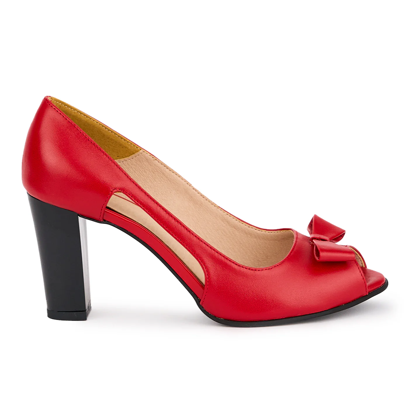 Pantofi decupati dama din piele naturala rosie cu toc gros 8 cm 16910
