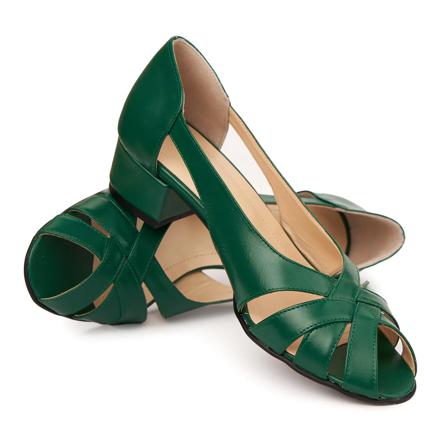 Pantofi decupati toc mic din piele naturala verde 4957 - Image 4