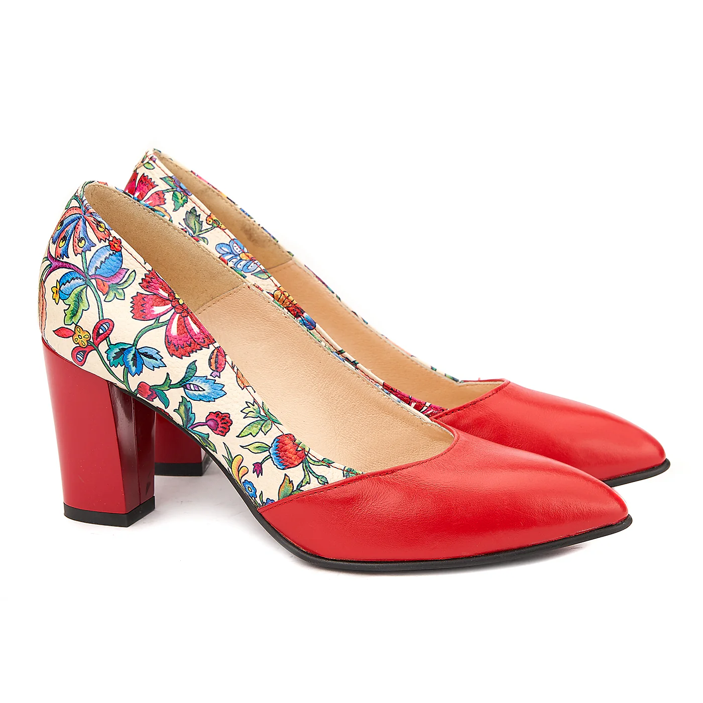 Pantofi din Piele Naturala Rosu Floral 4026