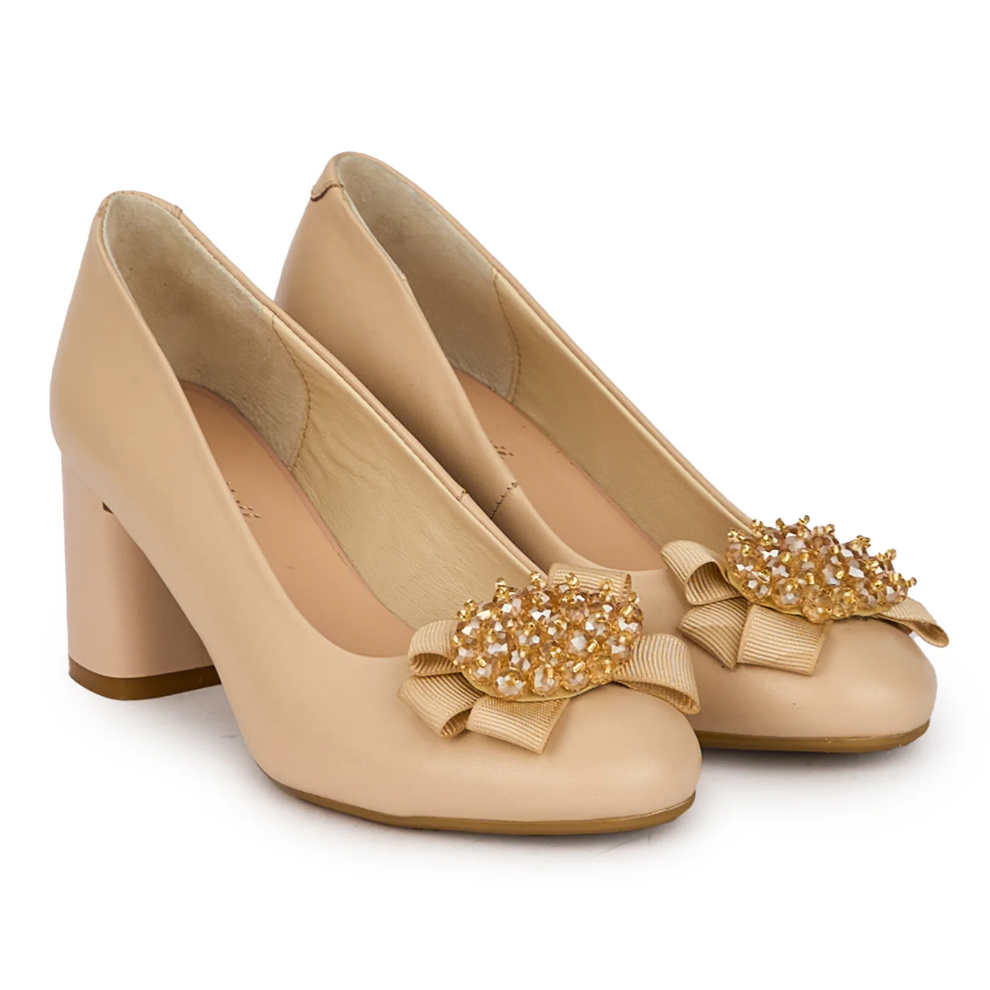 Pantofi eleganti dama din piele naturala bej cu toc gros 6.5 cm 18295 - Image 4