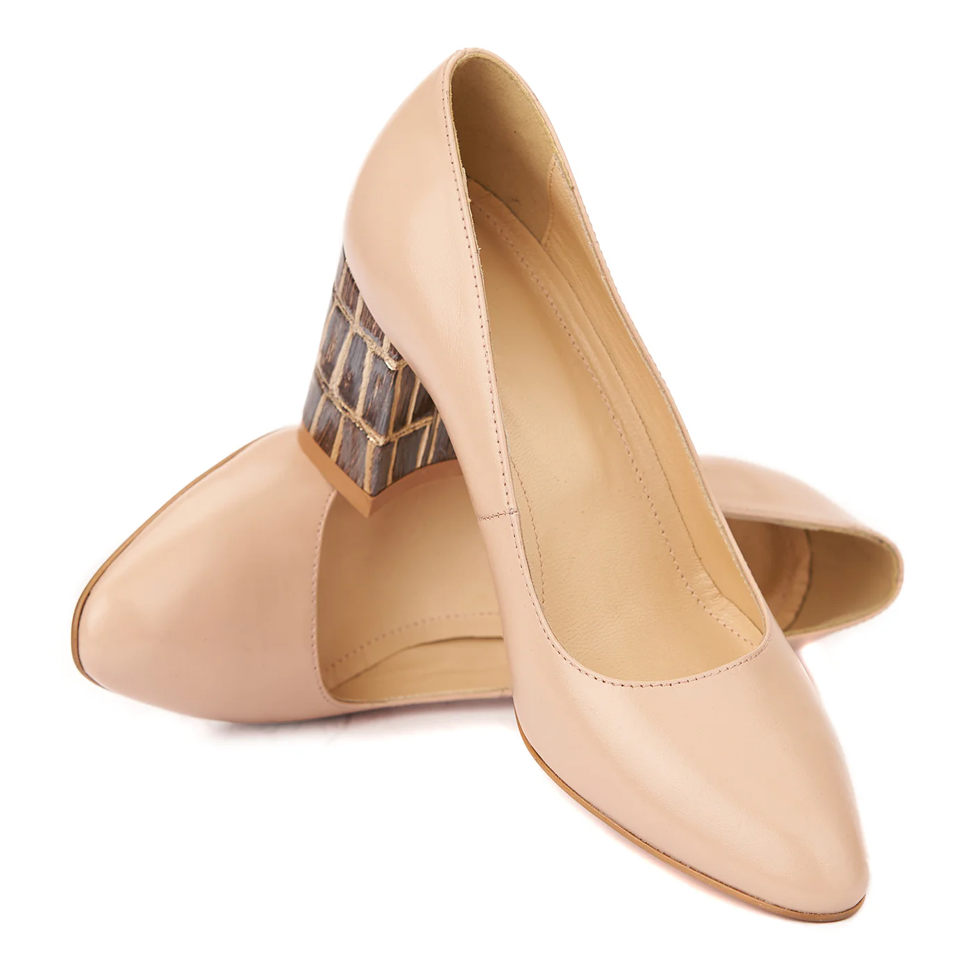 Pantofi eleganti din piele naturala bej cu toc imbracat 4452 - Image 4