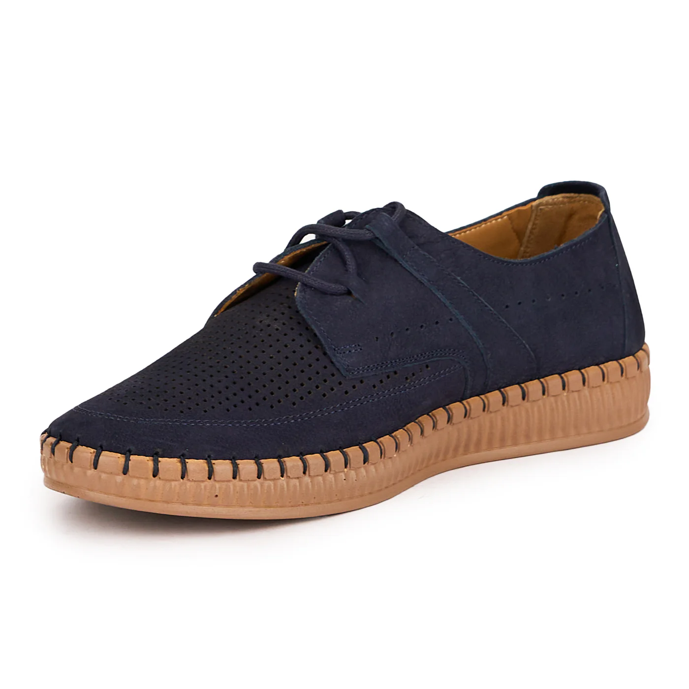 Pantofi perforati barbati din piele naturala bleumarin 7753 - Image 3