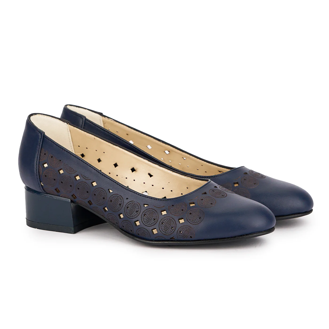 Pantofi perforati dama din piele naturala bleumarin cu toc mic 3.5 cm 17034 - Image 4