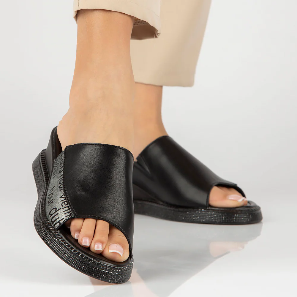 Papuc dama din piele naturala neagra cu talpa joasa 13331 - Image 3