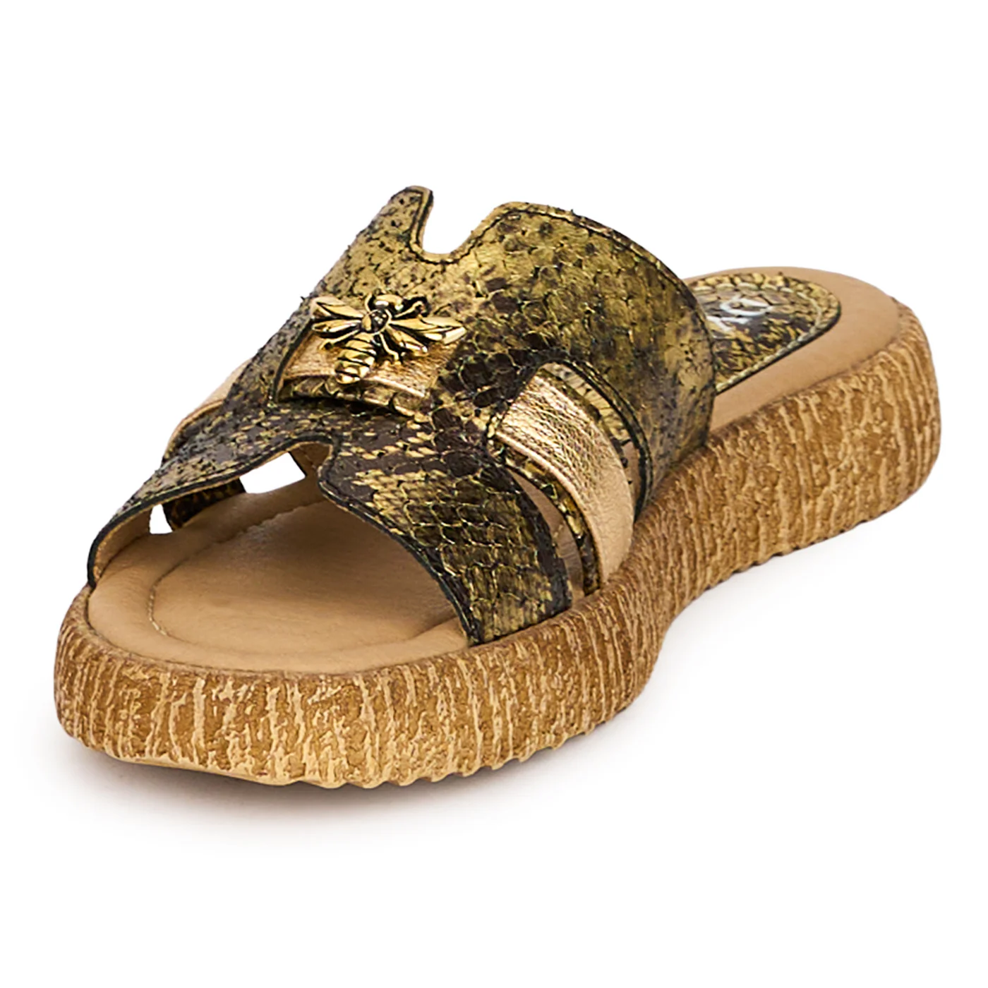 Papuci dama din piele naturala aurie cu accesoriu 18362 - Image 3