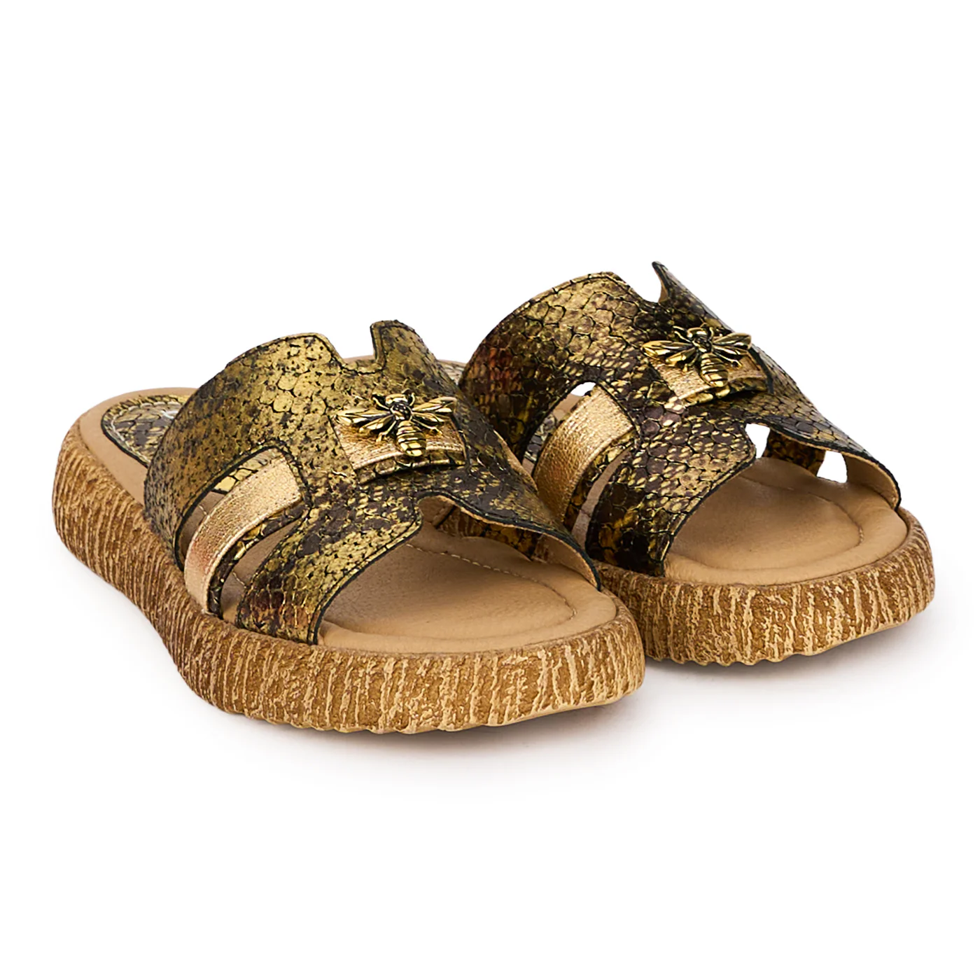Papuci dama din piele naturala aurie cu accesoriu 18362 - Image 4