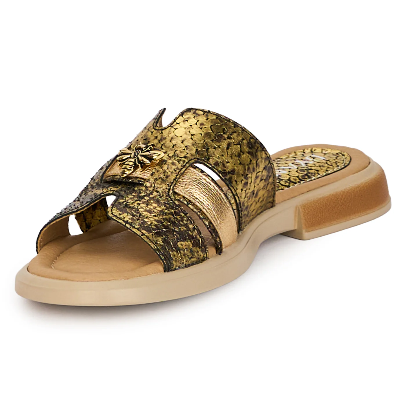 Papuci dama din piele naturala aurie cu accesoriu 18367 - Image 3
