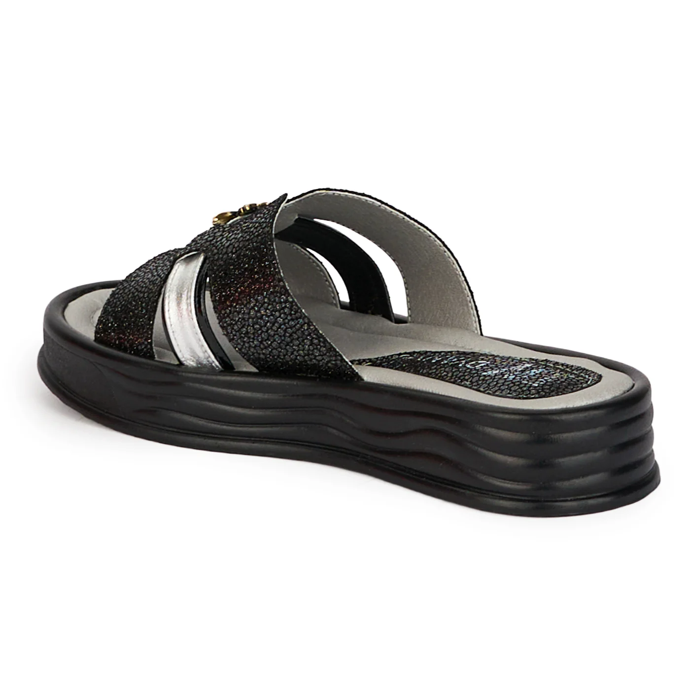 Papuci dama din piele naturala neagra cu accesoriu 18361 - Image 2