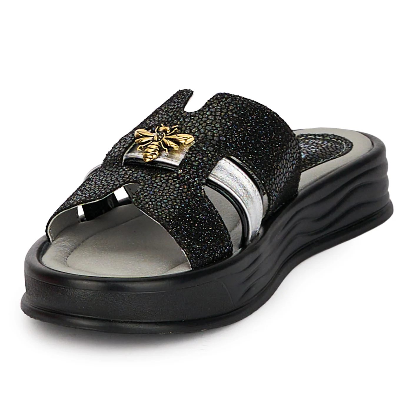 Papuci dama din piele naturala neagra cu accesoriu 18361 - Image 3