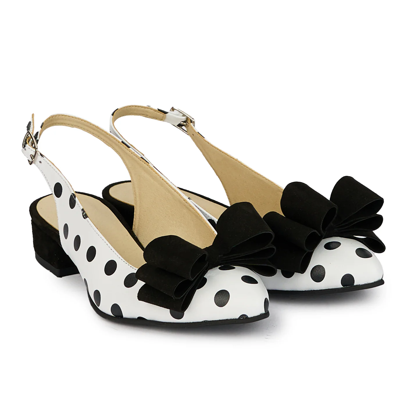 Sandale dama din piele naturala alba cu buline negre cu toc mic 3 cm 18174 - Image 4
