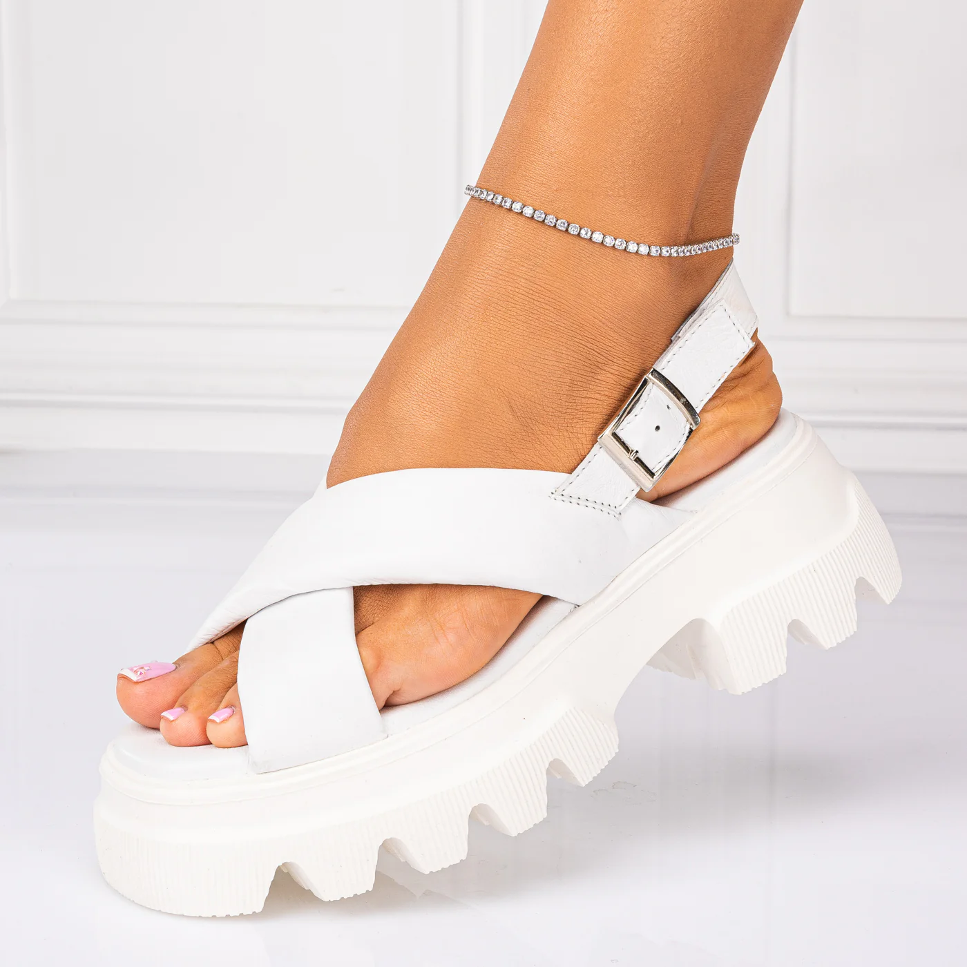 Sandale dama din piele naturala alba cu platforma 13274 - Image 3