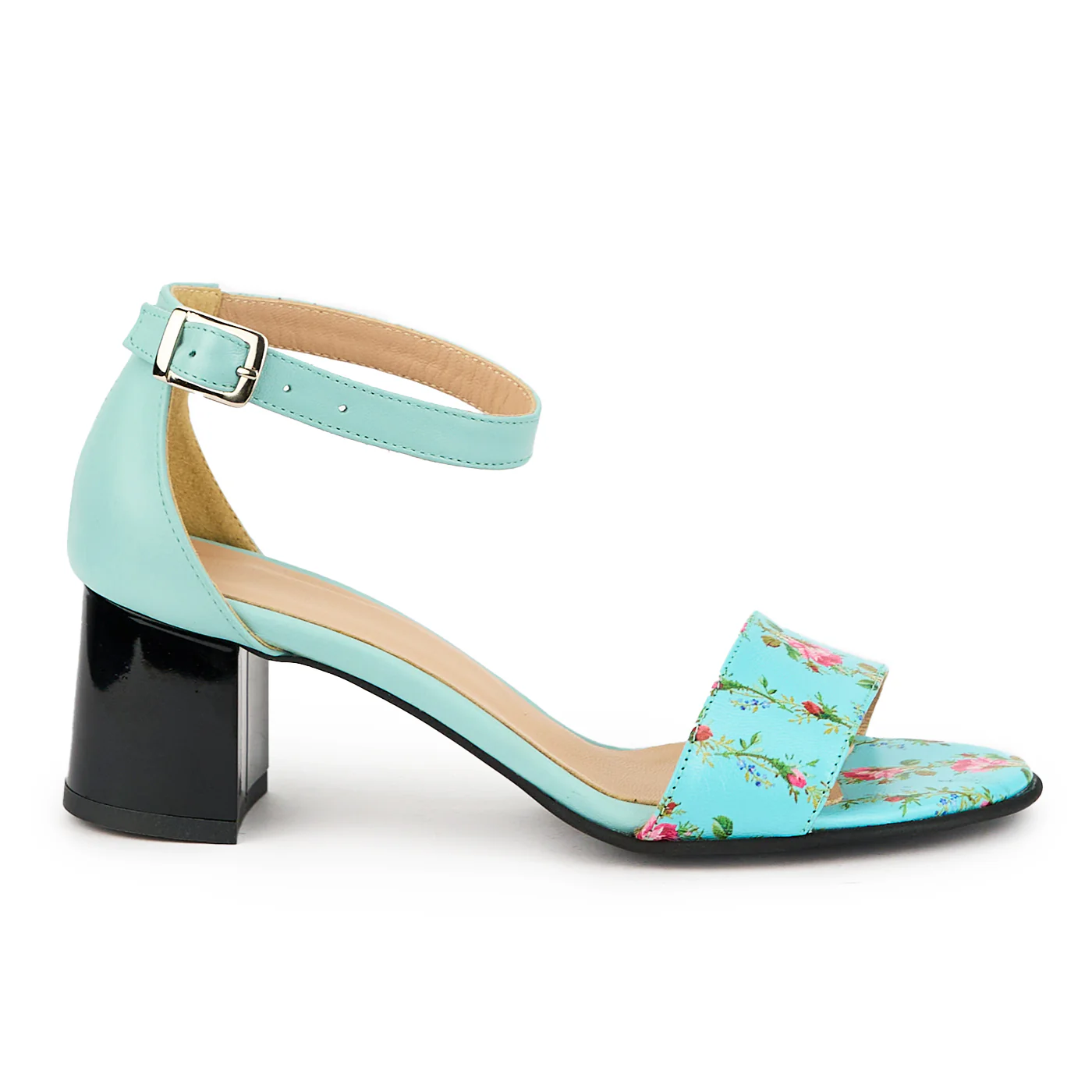 Sandale dama din piele naturala albastru - floral cu toc gros 6 cm 14917