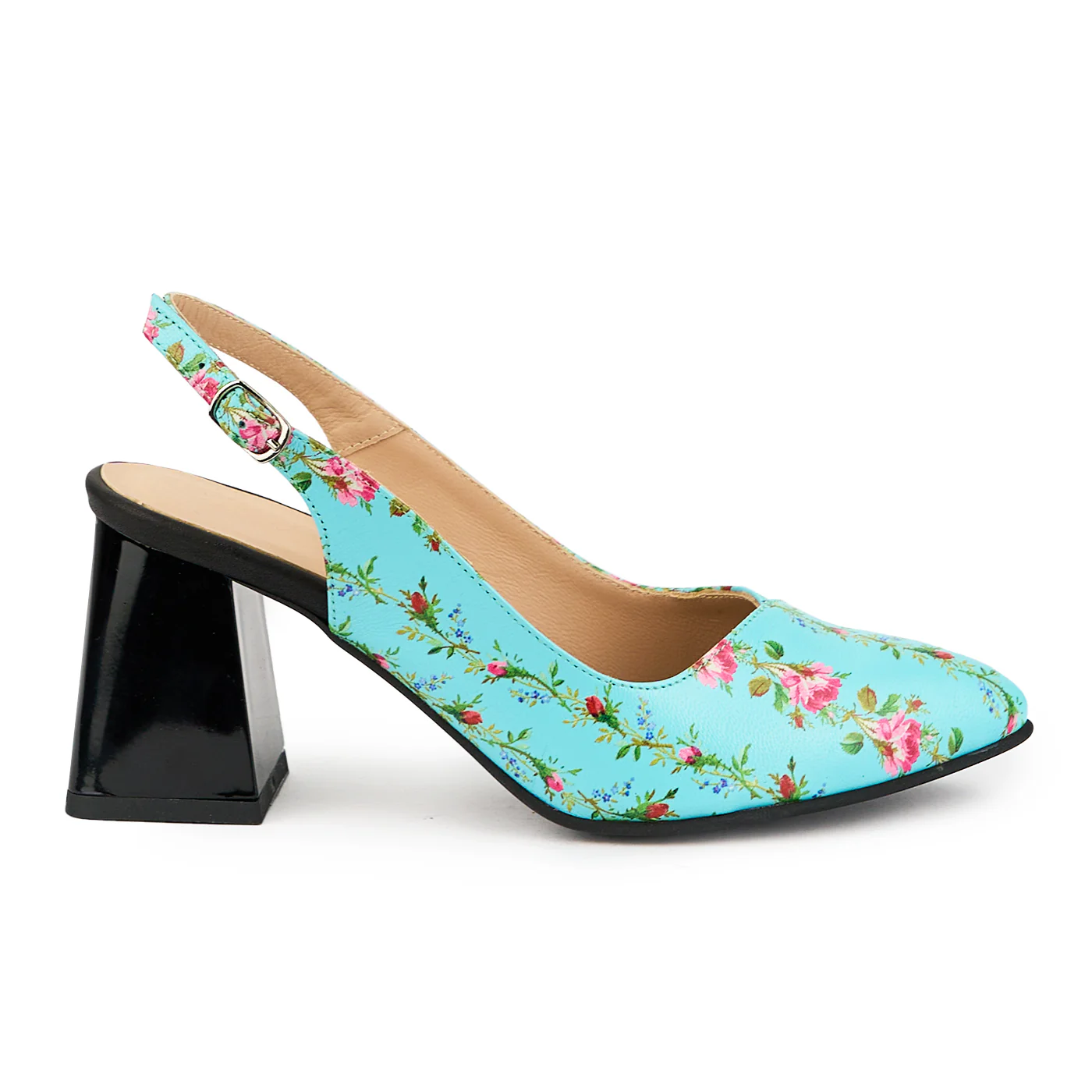 Sandale dama din piele naturala albastru - floral cu toc gros 8 cm 14918