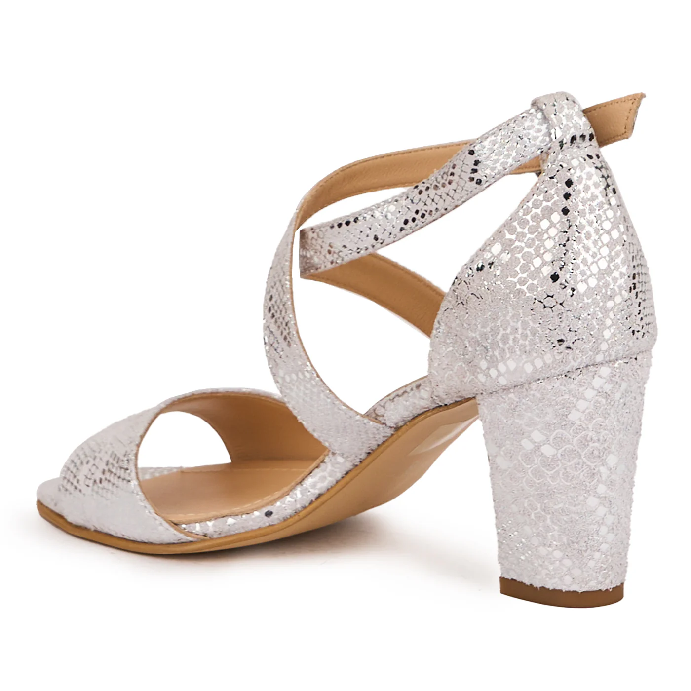 Sandale dama din piele naturala argintie cu toc gros 8 cm 16432 - Image 2