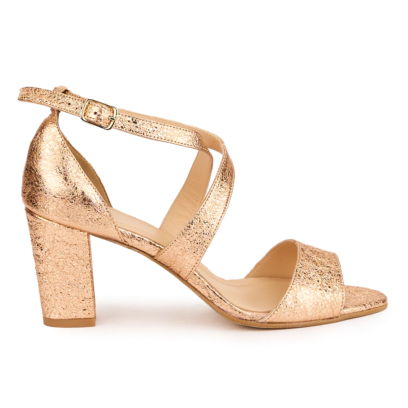 Sandale dama din piele naturala auriu-roze cu toc gros 8 cm 16424