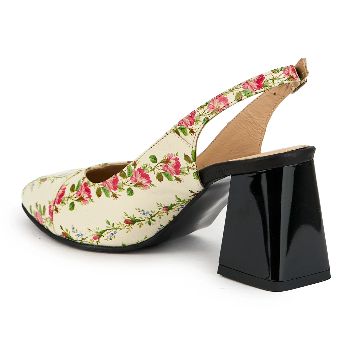 Sandale dama din piele naturala bej - floral cu toc gros 8 cm 14916 - Image 2