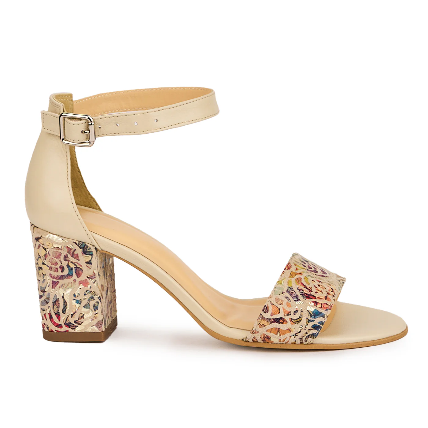 Sandale dama din piele naturala bej + multicolor cu toc gros 7 cm 16470